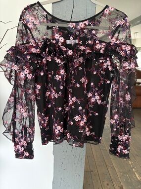 Parker Black Sheer Blouse with Pink Floral Embroidery